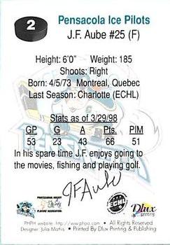 1997-98 Pensacola Ice Pilots (ECHL) #2 J.F. Aube Back