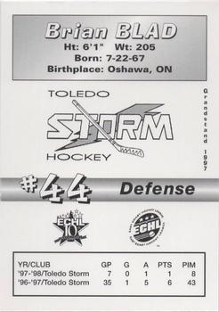 1997-98 Grandstand Toledo Storm (ECHL) #NNO Brian Blad Back