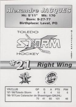 1997-98 Grandstand Toledo Storm (ECHL) #NNO Alexandre Jacques Back