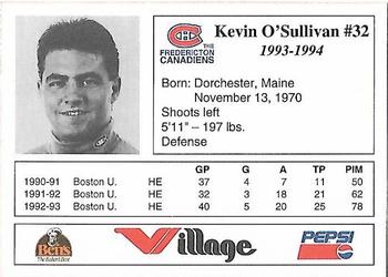 1993-94 Fredericton Canadiens (AHL) #NNO Kevin O'Sullivan Back