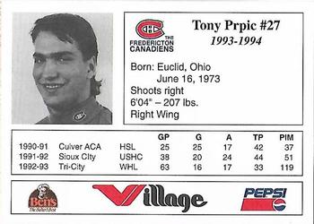 1993-94 Fredericton Canadiens (AHL) #NNO Tony Prpic Back