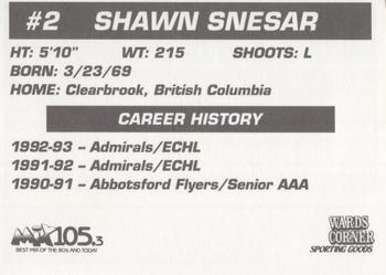 1993-94 Hampton Roads Admirals (ECHL) #NNO Shawn Snesar Back