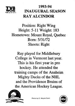 1993-94 Huntington Blizzard (ECHL) #NNO Ray Alcindor Back