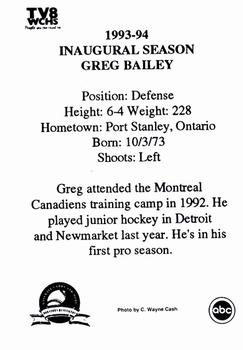 1993-94 Huntington Blizzard (ECHL) #NNO Greg Bailey Back