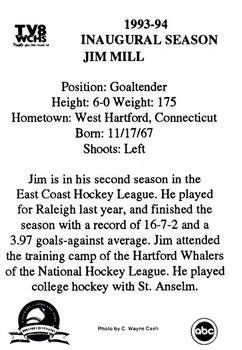 1993-94 Huntington Blizzard (ECHL) #NNO Jim Mill Back