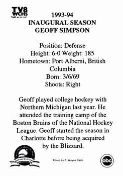 1993-94 Huntington Blizzard (ECHL) #NNO Geoff Simpson Back