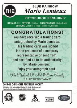 2015-16 O-Pee-Chee Platinum - Retro Blue Rainbow Autographs #R12 Mario Lemieux Back