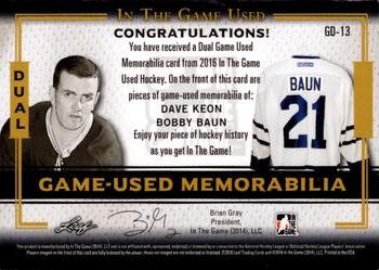 2016 Leaf In The Game Game Used - Dual Game Used Jersey Silver #GD-13 Dave Keon / Bobby Baun Back