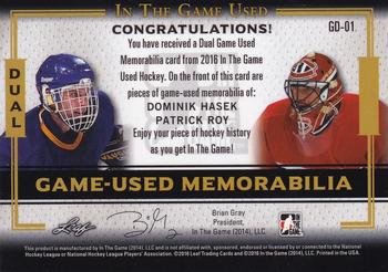 2016 Leaf In The Game Game Used - Dual Game Used Jersey Gold #GD-01 Dominik Hasek / Patrick Roy Back