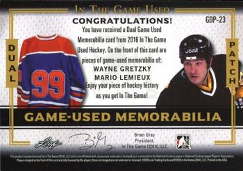 2016 Leaf In The Game Game Used - Dual Game Used Patch Silver #GUP-23 Wayne Gretzky / Mario Lemieux Back