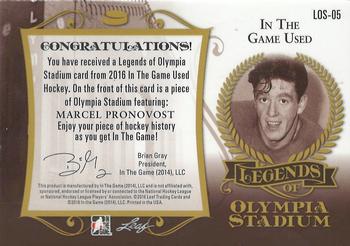 2016 Leaf In The Game Game Used - Legends of Olympia Stadium Gold #LOS-05 Marcel Pronovost Back
