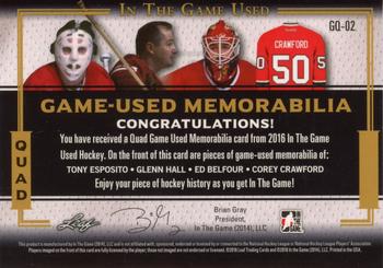2016 Leaf In The Game Game Used - Quad Game Used Jersey Silver #GQ-02 Tony Esposito / Glenn Hall / Ed Belfour / Corey Crawford Back