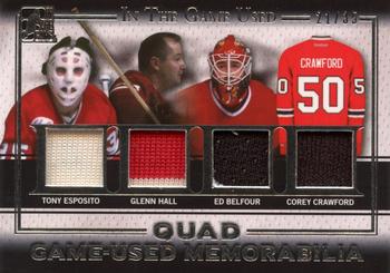2016 Leaf In The Game Game Used - Quad Game Used Jersey Silver #GQ-02 Tony Esposito / Glenn Hall / Ed Belfour / Corey Crawford Front