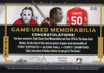 2016 Leaf In The Game Game Used - Triple Game Used Jersey Silver #GT-02 Tony Esposito / Glenn Hall / Corey Crawford Back