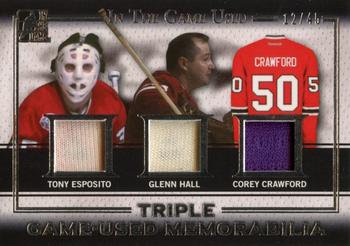 2016 Leaf In The Game Game Used - Triple Game Used Jersey Silver #GT-02 Tony Esposito / Glenn Hall / Corey Crawford Front