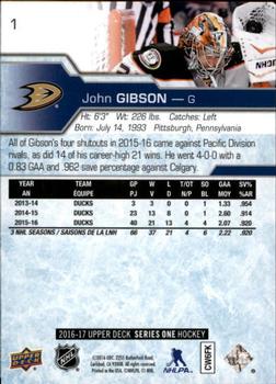 2016-17 Upper Deck #1 John Gibson Back