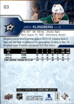 2016-17 Upper Deck #63 John Klingberg Back