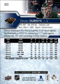 2016-17 Upper Deck #93 Devan Dubnyk Back