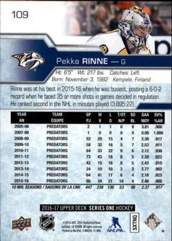 2016-17 Upper Deck #109 Pekka Rinne Back