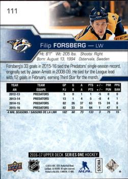 2016-17 Upper Deck #111 Filip Forsberg Back