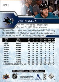 2016-17 Upper Deck #150 Joe Pavelski Back