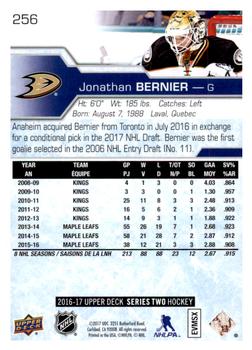 2016-17 Upper Deck #256 Jonathan Bernier Back