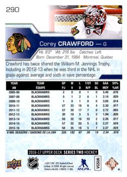 2016-17 Upper Deck #290 Corey Crawford Back