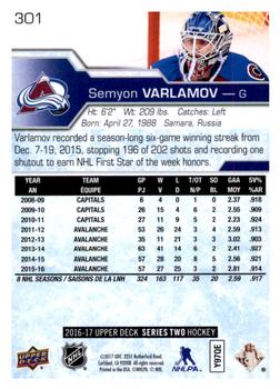 2016-17 Upper Deck #301 Semyon Varlamov Back
