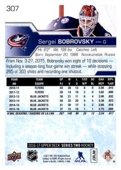 2016-17 Upper Deck #307 Sergei Bobrovsky Back