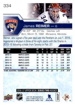 2016-17 Upper Deck #334 James Reimer Back