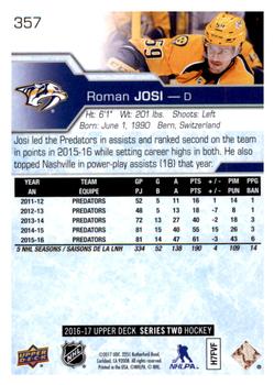 2016-17 Upper Deck #357 Roman Josi Back