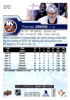 2016-17 Upper Deck #370 Thomas Greiss Back