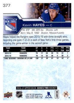2016-17 Upper Deck #377 Kevin Hayes Back