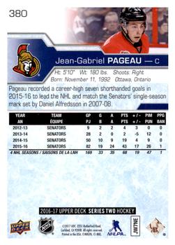 2016-17 Upper Deck #380 Jean-Gabriel Pageau Back