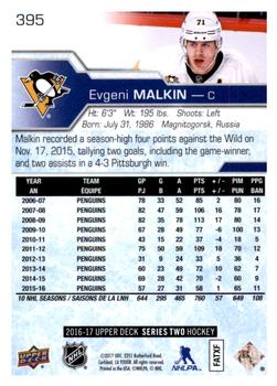 2016-17 Upper Deck #395 Evgeni Malkin Back