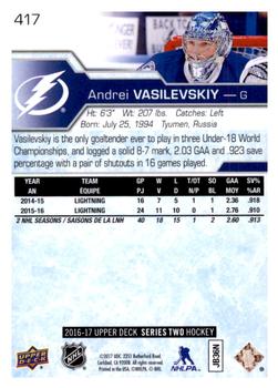 2016-17 Upper Deck #417 Andrei Vasilevskiy Back