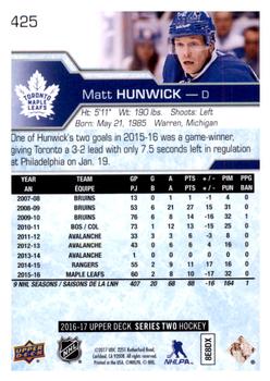 2016-17 Upper Deck #425 Matt Hunwick Back