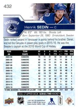2016-17 Upper Deck #432 Henrik Sedin Back