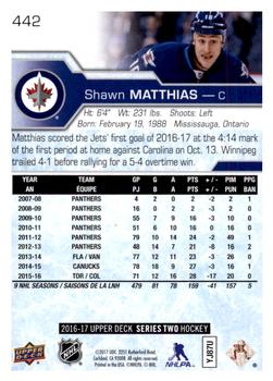2016-17 Upper Deck #442 Shawn Matthias Back