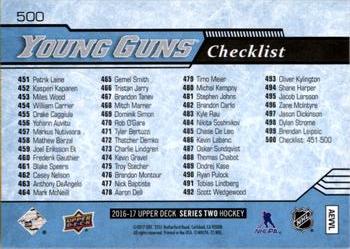 2016-17 Upper Deck #500 Young Guns Checklist (Mitch Marner / Patrik Laine) Back
