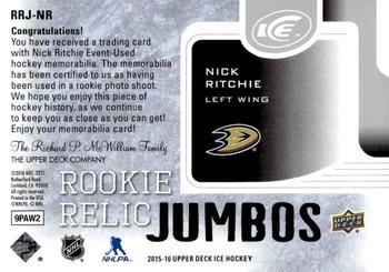 2015-16 Upper Deck Ice - Rookie Relic Jumbos #RRJ-NR Nick Ritchie Back