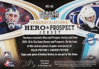 2015-16 Leaf In The Game Heroes & Prospects - Hero and Prospect Dual Jersey Purple #HPJ-06 Felix Potvin / Xavier Potvin Back