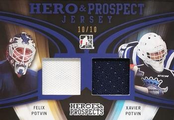 2015-16 Leaf In The Game Heroes & Prospects - Hero and Prospect Dual Jersey Purple #HPJ-06 Felix Potvin / Xavier Potvin Front