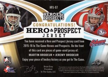 2015-16 Leaf In The Game Heroes & Prospects - Hero and Prospect Dual Jersey Purple #HPJ-07 Martin Brodeur / Jeremy Brodeur Back