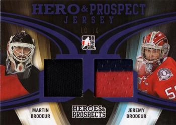 2015-16 Leaf In The Game Heroes & Prospects - Hero and Prospect Dual Jersey Purple #HPJ-07 Martin Brodeur / Jeremy Brodeur Front