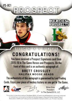 2015-16 Leaf In The Game Heroes & Prospects - Prospect Autographs Emerald #PS-BC1 Brett Crossley Back