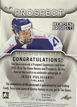 2015-16 Leaf In The Game Heroes & Prospects - Prospect Autographs Emerald #PS-JP1 Jesse Puljujärvi Back