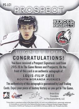 2015-16 Leaf In The Game Heroes & Prospects - Prospect Autographs Purple #PS-LC1 Louis-Filip Cote Back