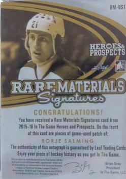 2015-16 Leaf In The Game Heroes & Prospects - Rare Materials Signatures Purple #RM-BS1 Borje Salming Back