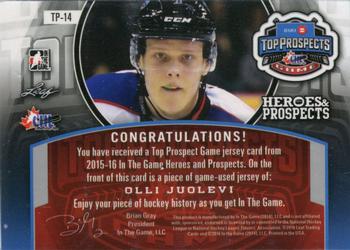2015-16 Leaf In The Game Heroes & Prospects - Top Prospects Game Jersey Bronze #TP-14 Olli Juolevi Back